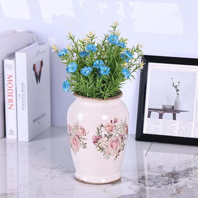 Vintage Vase for Flowers,Pink Chinoiserie Ceramic Vase,Rustic Farmhouse Cracked Vases,for Flower Arrangement,Living Room, Office, Shelf, Fireplace Tables,Centerpieces,Chinoiserie Pottery Decor(A)-VerdiqueGarden