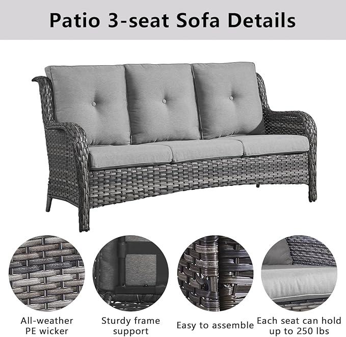 Outdoor Wicker Furniture Patio Set - 7 Piece Backyard Furniture Grey Rattan Conversation Sets with Swivel Rocker Chairs, Rattan Sofa, Club Chairs and Coffee Table, Grey Cushion-VerdiqueGarden