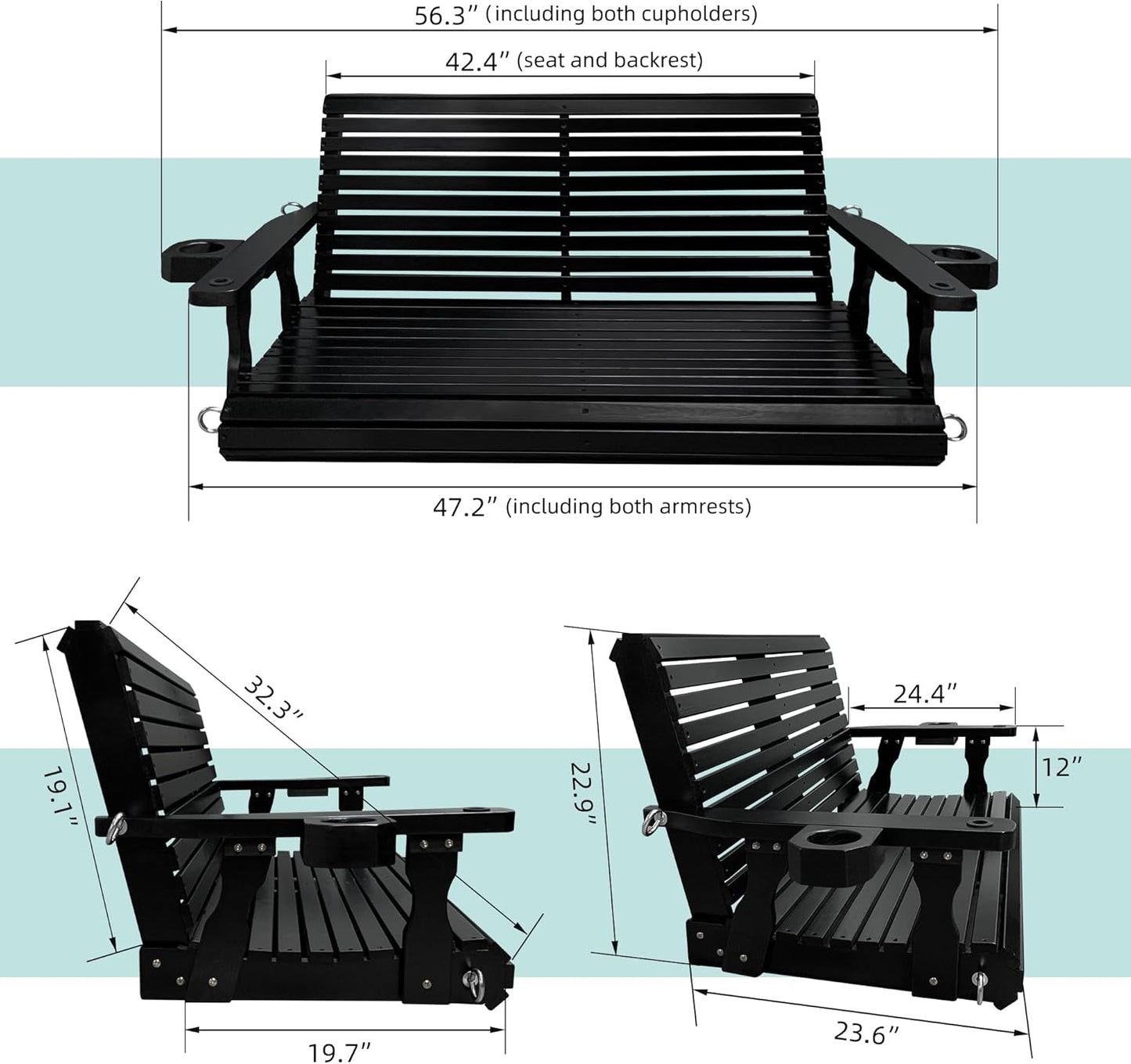 Wooden Porch Swing 2-Seater, High Backrest and Deep Seat, Bench Swing with Cupholders, Hanging Chains and 7mm Springs, Heavy Duty 880 LBS, for Outdoor Patio Garden (Carbon Black - 4 FT Extra Large)-VerdiqueGarden