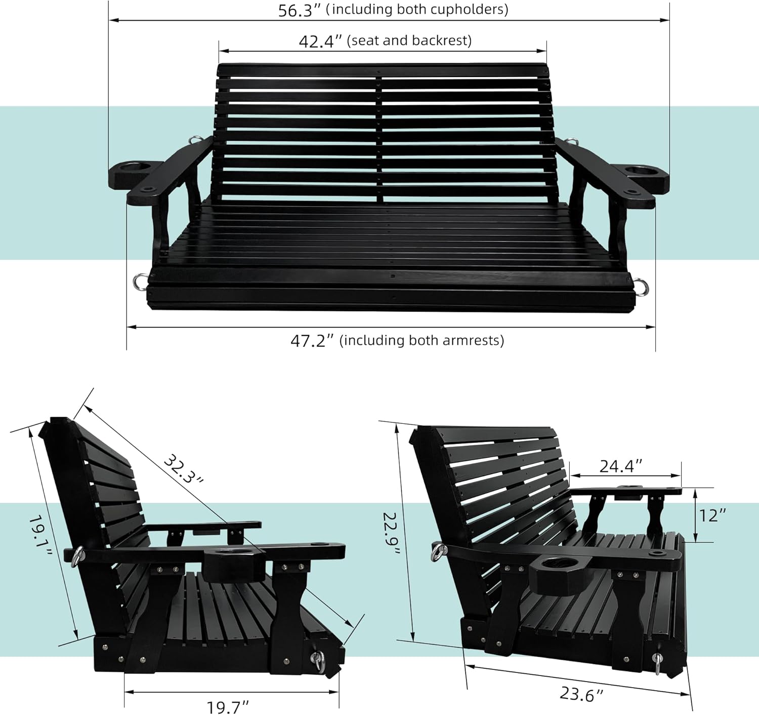 Wooden Porch Swing 2-Seater, High Backrest and Deep Seat, Bench Swing with Cupholders, Hanging Chains and 7mm Springs, Heavy Duty 880 LBS, for Outdoor Patio Garden (Carbon Black - 4 FT Extra Large)-VerdiqueGarden