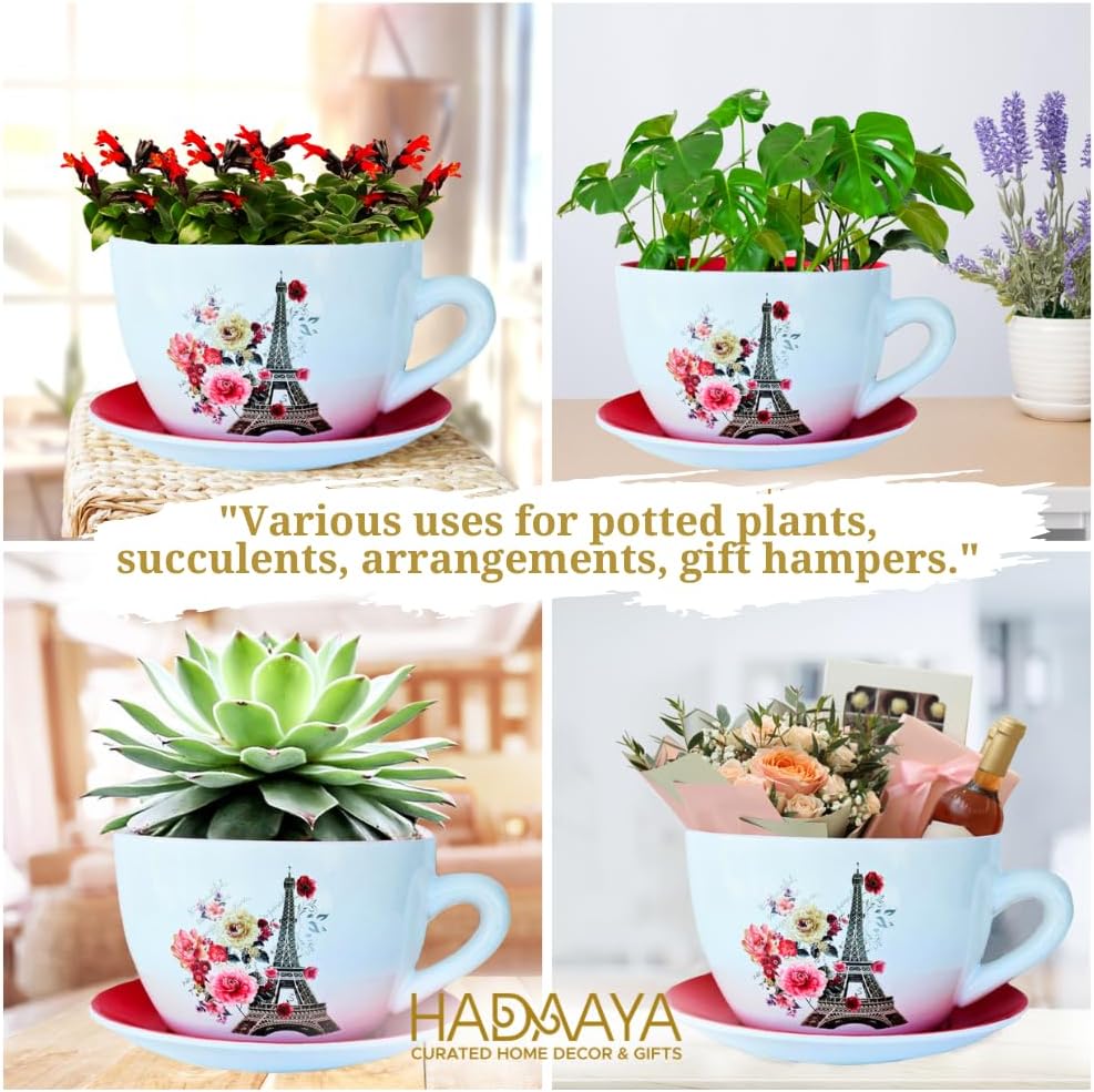 7.5" Ceramic Teacup Planter Pot with Saucer | Ideal for Succulents, Orchids, Herbs & Flowers | Indoor & Outdoor Use | Thoughtful Gift for Wedding & Home Decor & More - RED - Paris Eiffel Tower-VerdiqueGarden
