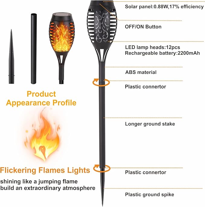 Solar Lights Outdoor, 12Pack Solar Torch Light with Flickering Flame for Garden Decor, Waterproof Outdoor Lighting Landscape, LED Flame Torches for Outside Patio Pathway Yard Decorations-VerdiqueGarden