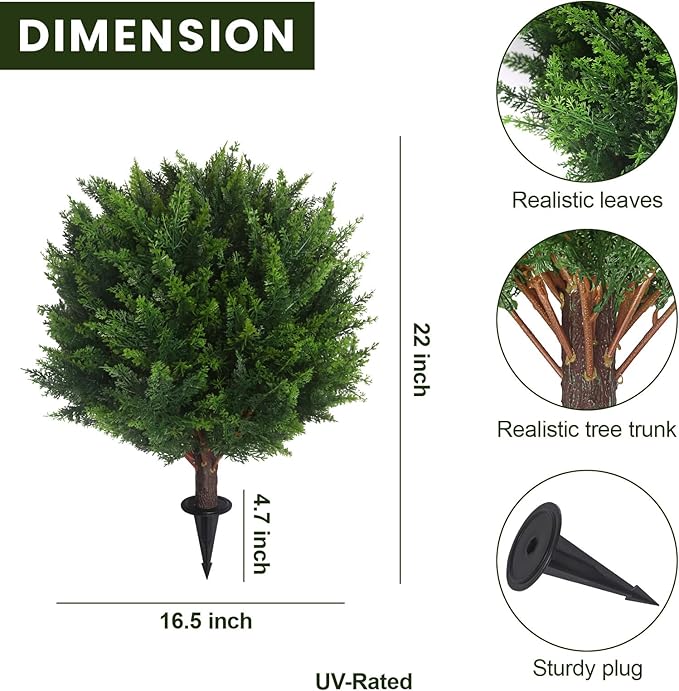 22''T Artificial Cedar Topiary Ball Tree 2 Pack, Outdoors Artificial Shrubs Faux Plants Uv Rated Perfect for Outdoor, Indoor - Easy to Install.-VerdiqueGarden