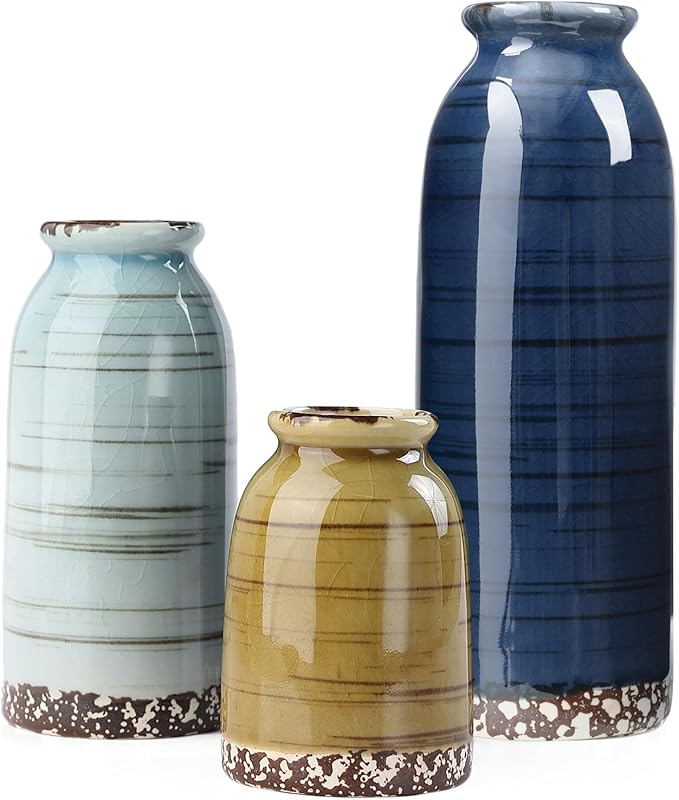 Ceramic Vase Set of 3, Farmhouse Decorative Vase for Pampas Grass, Living Room, Bathroom,Bookshelf, Centerpieces (Blue/Navy Blue/Yellow)-VerdiqueGarden