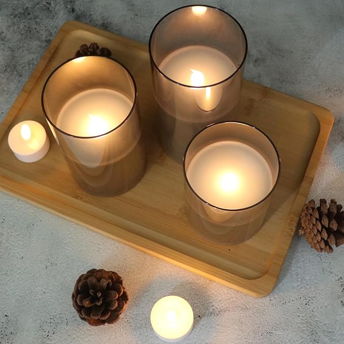 LED Flickering Candles with Remote Timer,Glass Flamless Pillar Candles Real Wax with 3D Wick Realistic,Warmth Decoration for Wedding Home Festival (Grey)-VerdiqueGarden