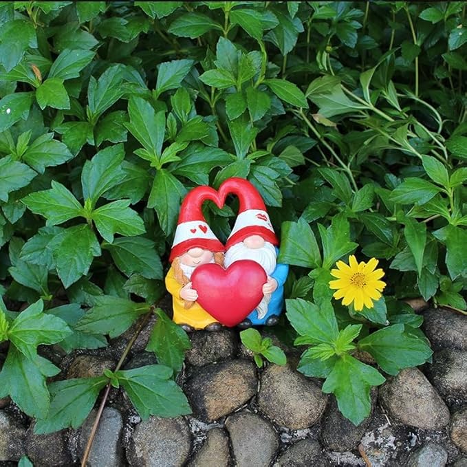 Garden Gnome Outdoor Statues Sweet Couple Gnomes Holding Heart Decor Resin Gnomes Sculptures for Yard Patio Home Lawn Outside Decorations Ornament Housewarming-VerdiqueGarden