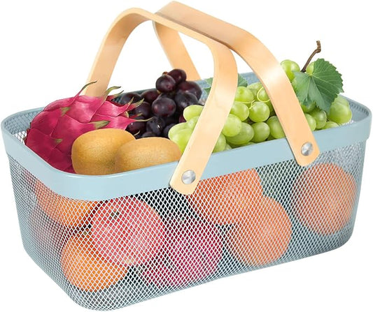 Garden Harvest Basket,Delicate Harvest Basket for Garden Vegetables,Practical Metal Mesh Wire Basket with Handle Suitable for Bathroom,Cabinet,Kitchen(Blue)-VerdiqueGarden