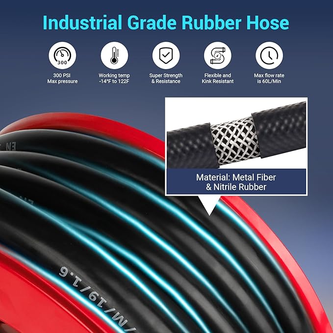 Fuel Hose Reel, 3/4" x 50FT Retractable Diesel Hose Reel, 300 PSI Industrial Heavy Duty Auto Swivel Rewind Hose Holder Reels, for Vehicle Tank Truck Trailer Ship-VerdiqueGarden