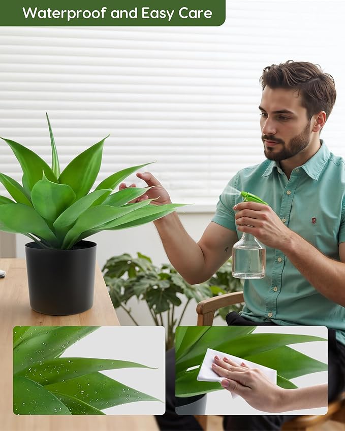 Velener Fake Agave with Black Pot, Artificial Plant Outdoor Agave - Fake Plants for Indoor and Outdoor Decor(16 Inch)-VerdiqueGarden