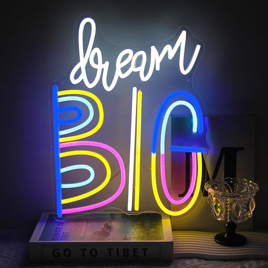 Dream Big Neon Signs for Wall Decor Colorful Letter Neon Sign Inspiring Quotes Neon Light LED Motivational Decor Dream Neon Light Sign for Bedroom Classroom Office Dorm Decoration-VerdiqueGarden