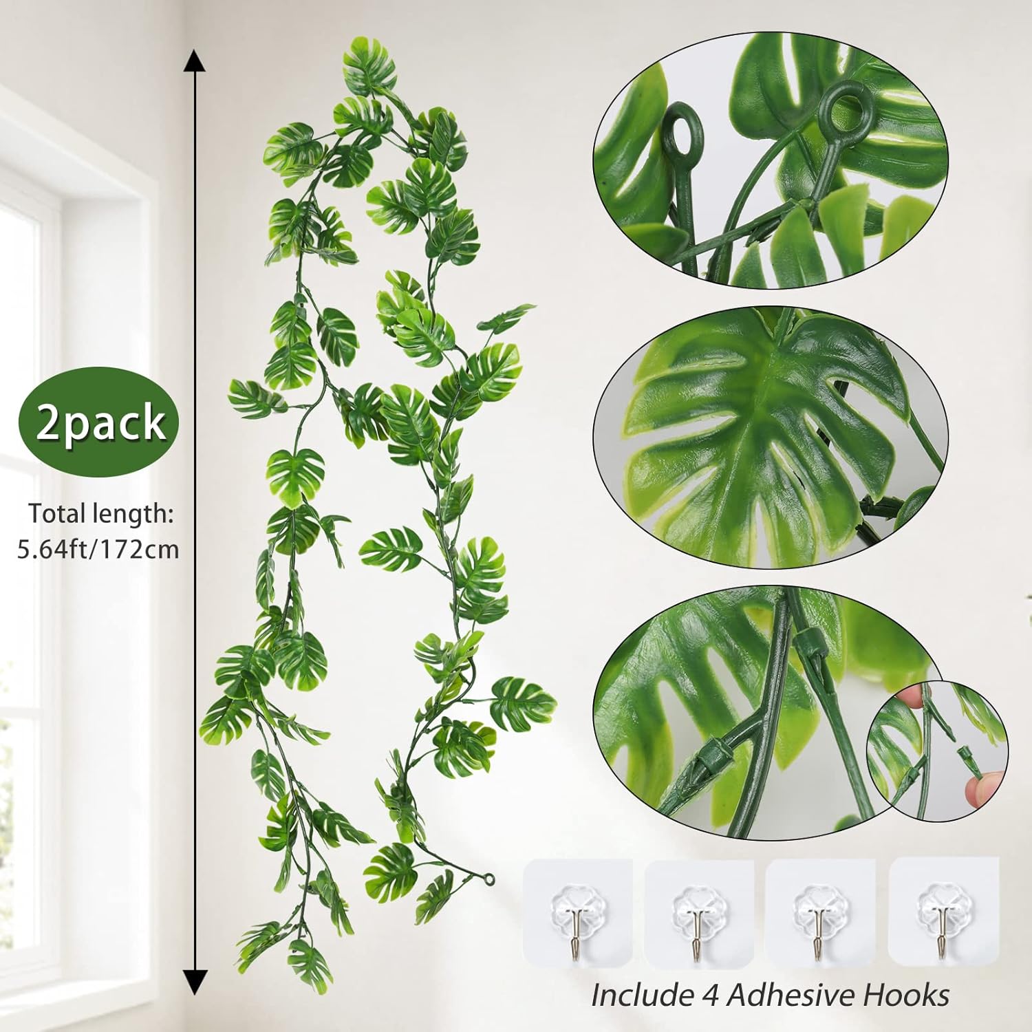 RECUTMS 2Pcs Artificial Monstera Leaf Vines 5.9FT Fake Hanging Plants Ivy Faux Tropical Palm Leaves Greenery Garland for Garden Porch Patio Jungle Luau Beach Birthday Party Indoor Outdoor Spring Décor-VerdiqueGarden