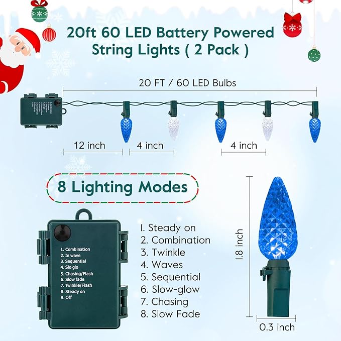 Brightown C6 LED Christmas String Lights - 2 Pack Each 20ft 60LED Battery Operated Strawberry String Lights with Timer and 8 Light Modes for Christmas Trees Wreaths, Indoor Xmas Decor, Blue and White-VerdiqueGarden