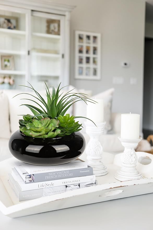 Large Artificial Succulents Plants Faux Succulents in Pots Fake Succulent Arrangement Potted Plants with Black Ceramic Pot for Office Desk Bathroom Shelf Living Room Indoor & Outdoor Home Decor-VerdiqueGarden
