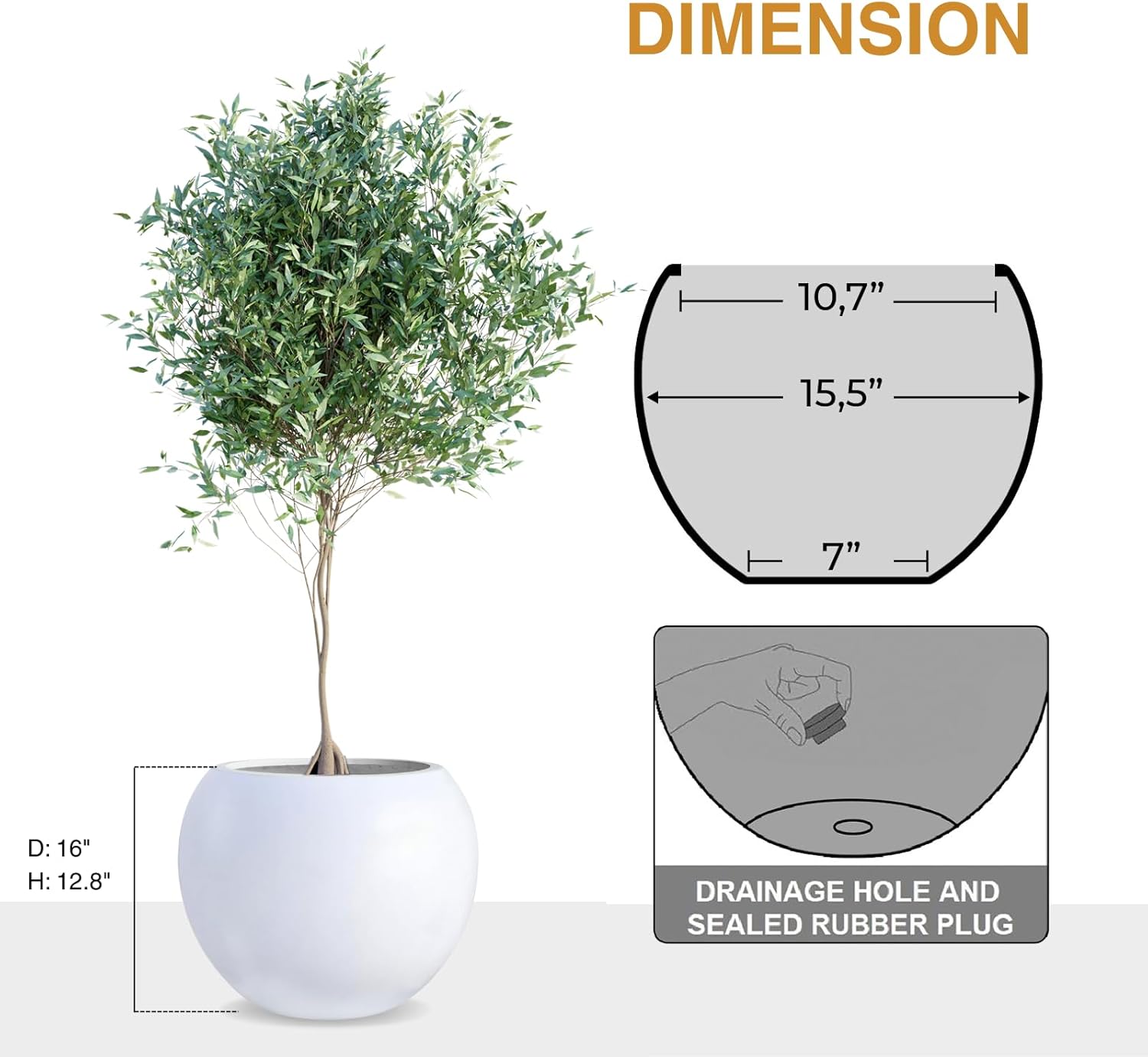 12.8" H x 16" D Globo Fiberstone Round Planter with Drainage Hole, Weather Resistant, Smooth Finish, Planters for Indoor Plants & Outdoor, 2 Extra Coco Mats (White, 10.7" Pot Opening)-VerdiqueGarden
