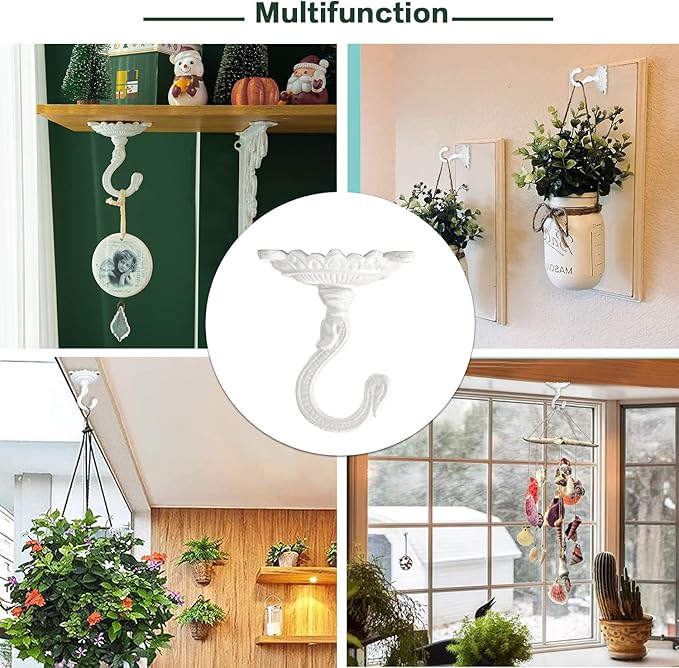 Sungmor Heavy Duty Ceiling Hooks for Hanging Plants, 2PC White 3.5x3.9Inch Large Cast Iron Ceiling Hooks, Antique Decorative Ceiling Swag Hooks for Hanging Planter Chandelier Wind Chime Lantern Hanger-VerdiqueGarden