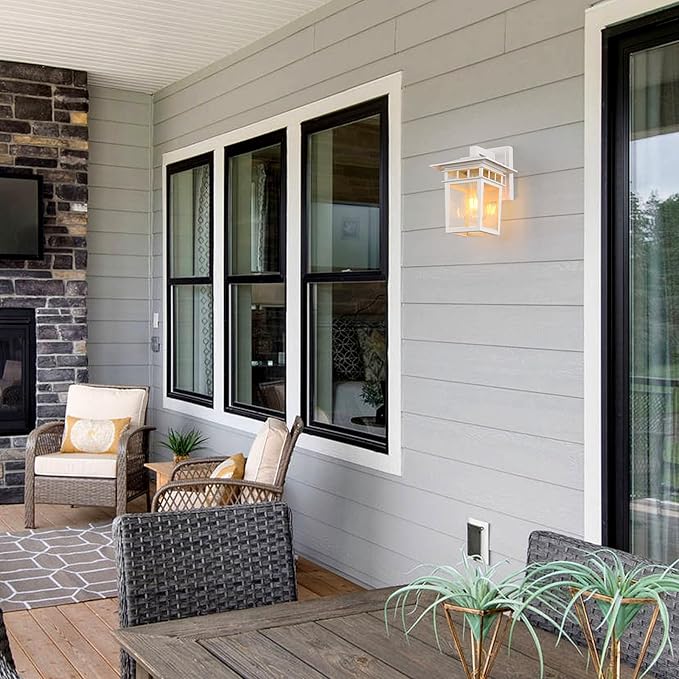 Outdoor Wall Lantern, Exterior Lighting Fixtures Wall Mount, 2 Pack White Outdoor Sconces with Seeded Glass, Exterior Porch/Patio Lights for House Front Door Garage-VerdiqueGarden