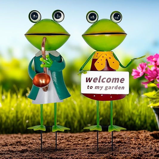 HONGLAND Metal Frog Garden Decor - Metal Frog Outdoor Statue -Outdoor Garden Decorations - 3D Frog Figurines - Christmas Holiday Lawn Patio Yard Fairy Garden Decor (with Welcome)-VerdiqueGarden