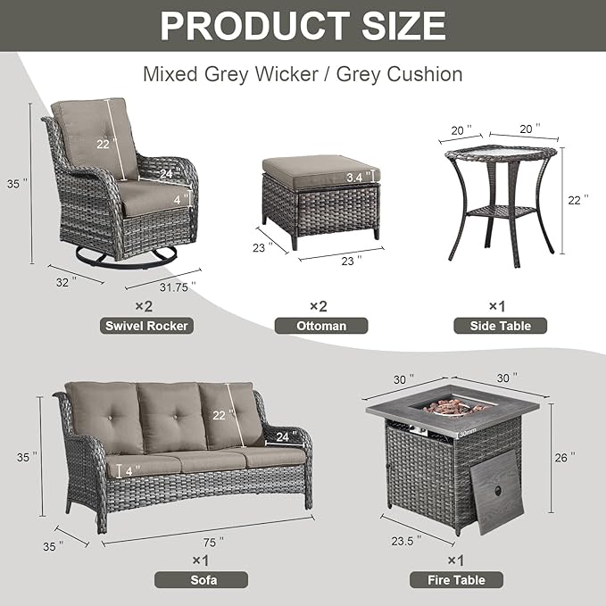 Outdoor Patio Furniture Set with Propane Fire Pit Table, 7 Pieces Wicker Patio Conversation Set with 2 Swivel Glider Rocker Chair Rattan Sofa Grey Cushion Perfect for Casual Gathering-VerdiqueGarden