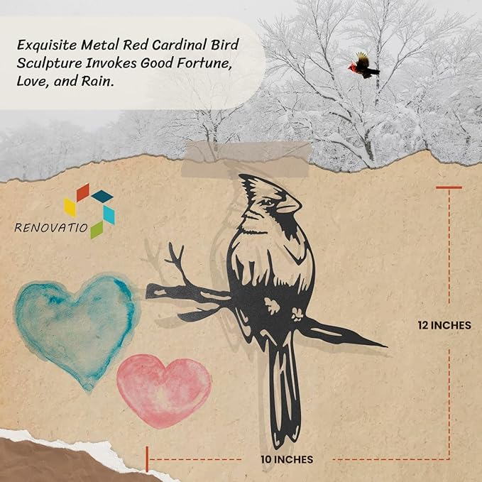 Renovatio Metal Bird Decor – Stylish Decoration for Yard & Garden – Perfect Outdoor Yard Art – 12 Gauge Thick Steel – Ideal Backyard Decor & Bird Ornaments – Cardinal Bird (Black)-VerdiqueGarden