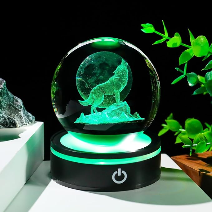 YWHL 3D Crystal Ball Moon Wolf Figurine with Colorful LED Base, Laser Wolf Gifts for Women Men Wolves Lovers on Christmas Birthday, Wolf Statue Glass Animal Decorative Ball for Home Decor (80mm)-VerdiqueGarden