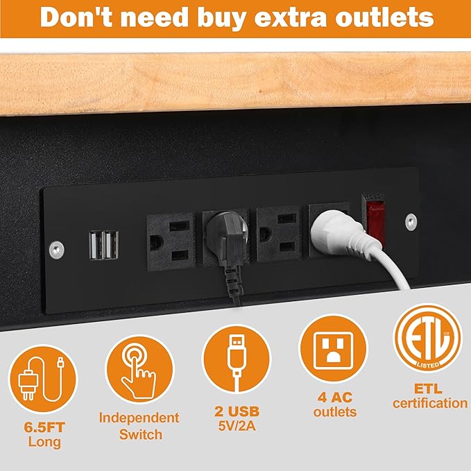 48" Adjustable Workbench for Garage, Rubber Wood Heavy Duty Workstation with Power Outlets & Wheels, 2000 LBS Load Capacity Hardwood Worktable for Workshop, Garage, Office, Home, Commercial-VerdiqueGarden