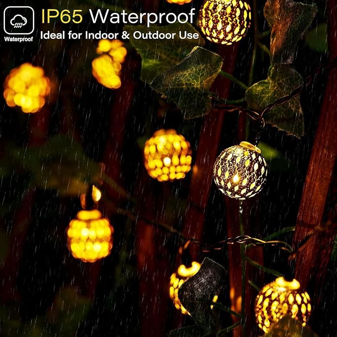 Solar Moroccan String Lights Outdoor 60 LED 36 Ft Globe Fairy Lights with 8 Lighting Modes, Waterproof Solar Powered String Lights for Garden Yard Gazebos Camping Party Holiday (Warm White)-VerdiqueGarden