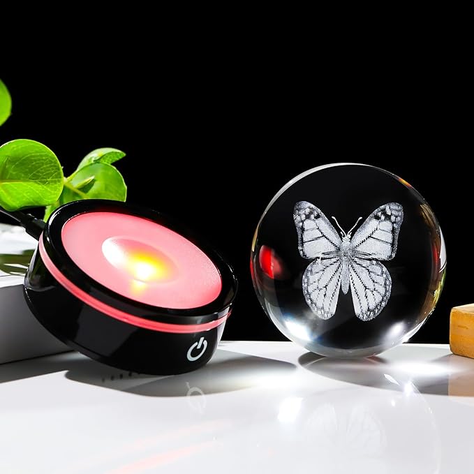 YWHL 3D Crystal Ball Butterfly Figurine with Colorful LED Base, Laser Butterfly Gifts for Women Men on Christmas Birthday, Ornament Glass Sphere Decorative Ball for Home Decor (80mm)-VerdiqueGarden