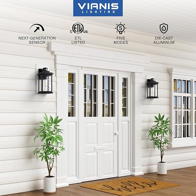 VIANIS Large Advanced Motion Sensor Outdoor Lights, Black Easy-to-Install Dusk to Dawn Outdoor Wall Lights, Aluminum Waterproof Porch Light with Water Glass for Porch, Garden, Front Door-VerdiqueGarden