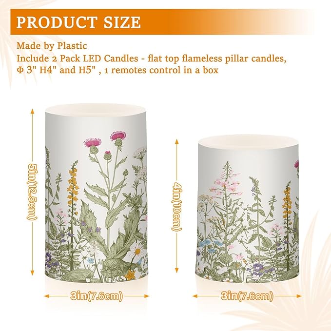 Flickering Flameless Candles, Flowers Herbs Wildflowers Botanical LED Candles with Remote Timer, Set of 2 Battery Operated Candle for Valentine Wedding Birthday-VerdiqueGarden