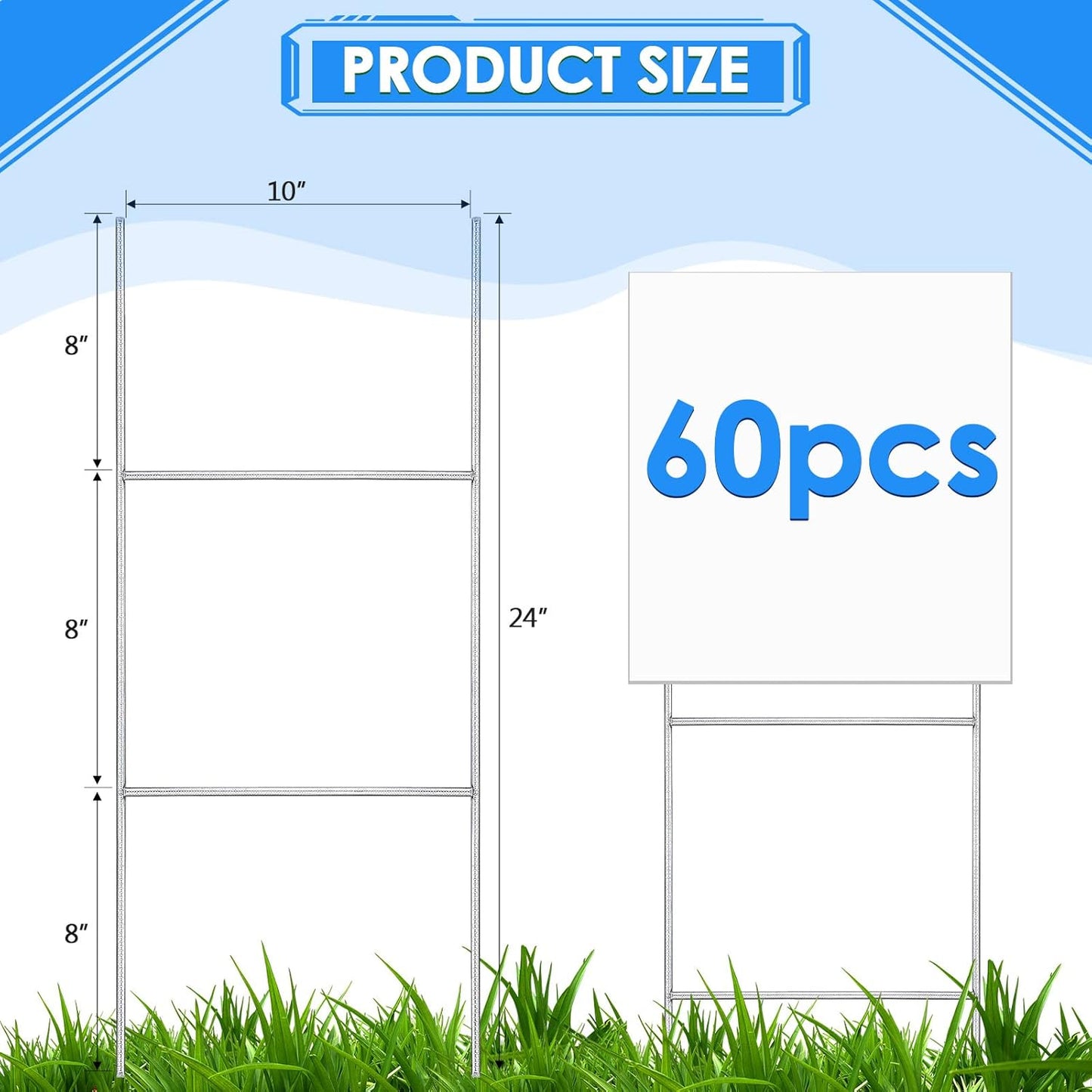 60 Pcs H Stakes for Yard Signs 24'' x 10'' Metal Heavy Duty H Frame Lawn Wire Stakes Weatherproof Metal Sign Holder Bulk for 4mm 5mm Corrugated Signs Board Guidepost Yard House Garden Decor-VerdiqueGarden