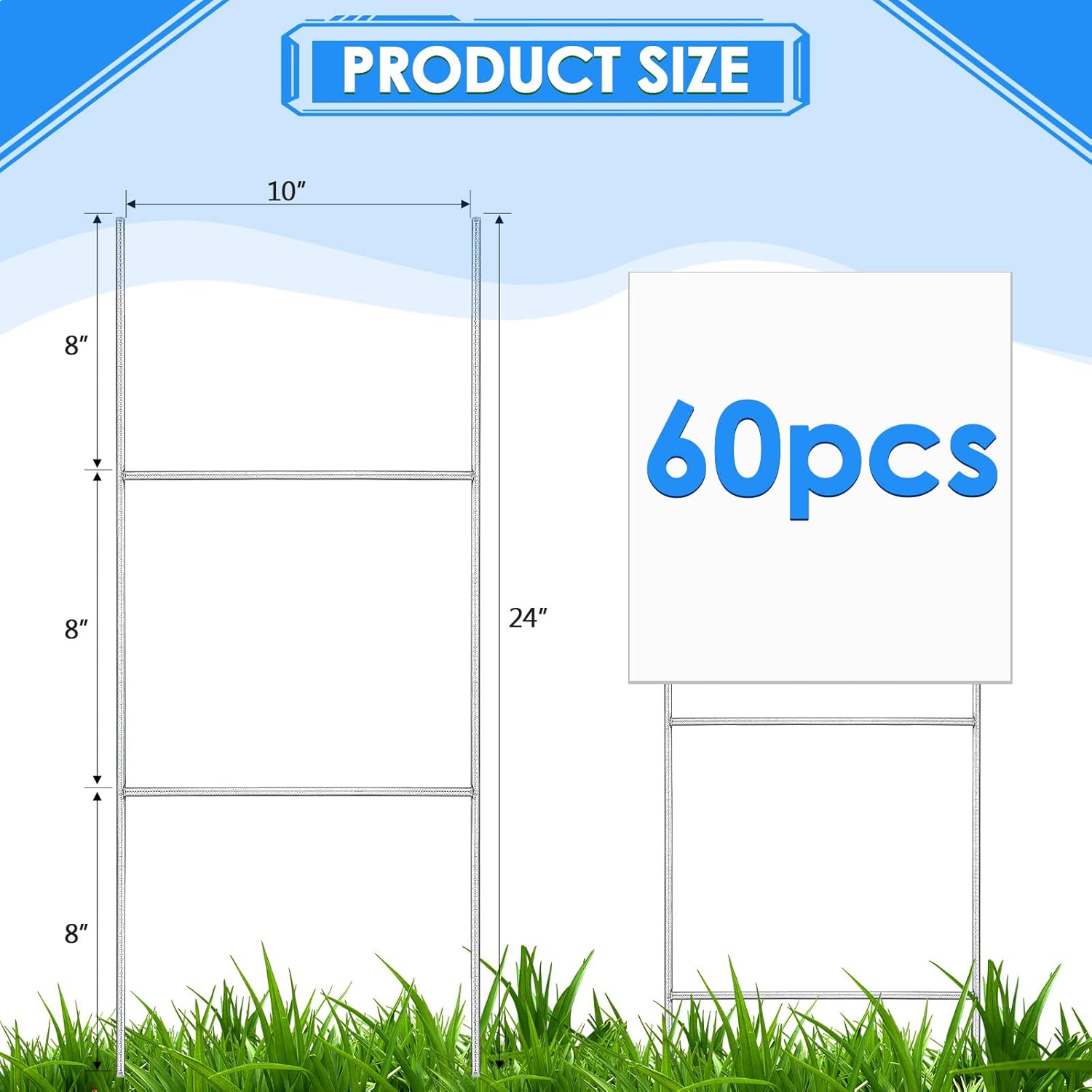60 Pcs H Stakes for Yard Signs 24'' x 10'' Metal Heavy Duty H Frame Lawn Wire Stakes Weatherproof Metal Sign Holder Bulk for 4mm 5mm Corrugated Signs Board Guidepost Yard House Garden Decor-VerdiqueGarden
