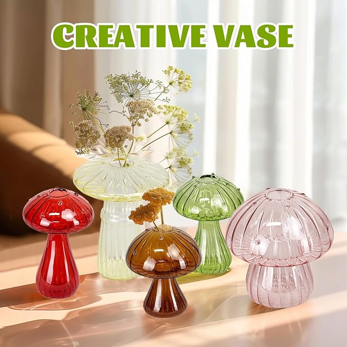 5 Pcs Mushroom Glass Planter for Plants, Stylish Unique Mushroom Vase for Home Decoration,Colorful Propagation Jars,Ideal Gardening Companion and Creative Floral Arrangement-VerdiqueGarden