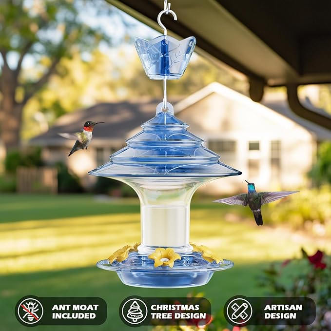 Birdream Hummingbird Feeder for Outdoors Hanging, 20oz Hummingbird Feeders with 5 Bee Guard Feeding Ports & Built-in Ant Moat Brush Leak-Proof for Outside Gifts for Women - Blue-VerdiqueGarden