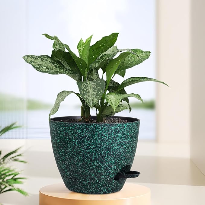 12 inch Large Self Watering Pots for Indoor Outdoor Plants, Flower Plant Pots with Mesh Drainage Holes for Garden House Plants, Plastic Planters for Home Plants, Black with Green Speckles-VerdiqueGarden