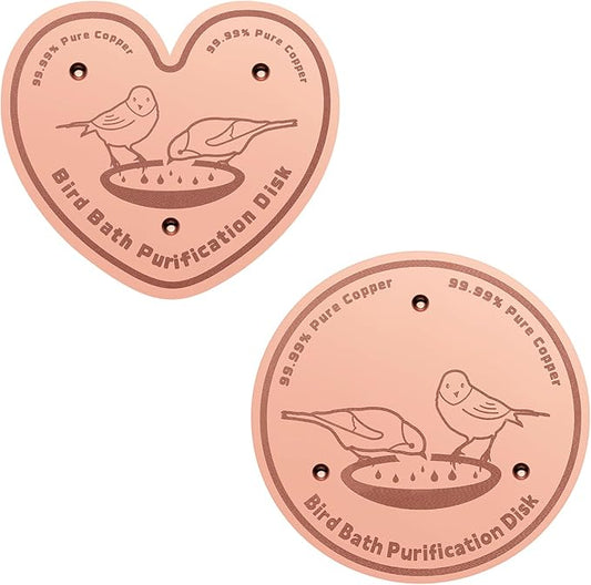 2-Pack 99.99% Pure Copper Bird Bath Purification Disk,Copper Disc with Stable Triple-Point Support,Fits All Outdoor Bird Baths(Heart-Shaped&Round)-VerdiqueGarden