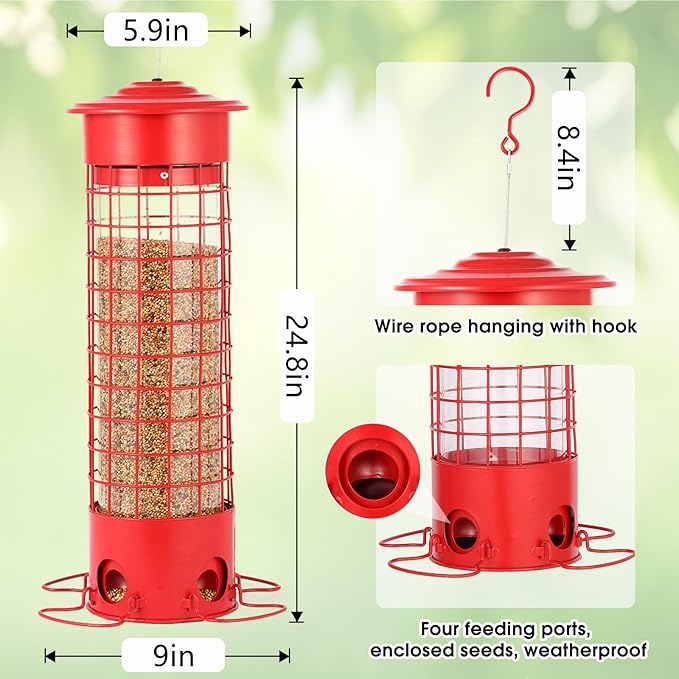 Squirrel Proof Bird Feeder for Outdoors, Weatherproof Metal Feeder, 4.5 lb Large Capacity, Weight-Activated Perches, Hanging Feeder for Cardinals, Finches, Wild Birds, Red-VerdiqueGarden