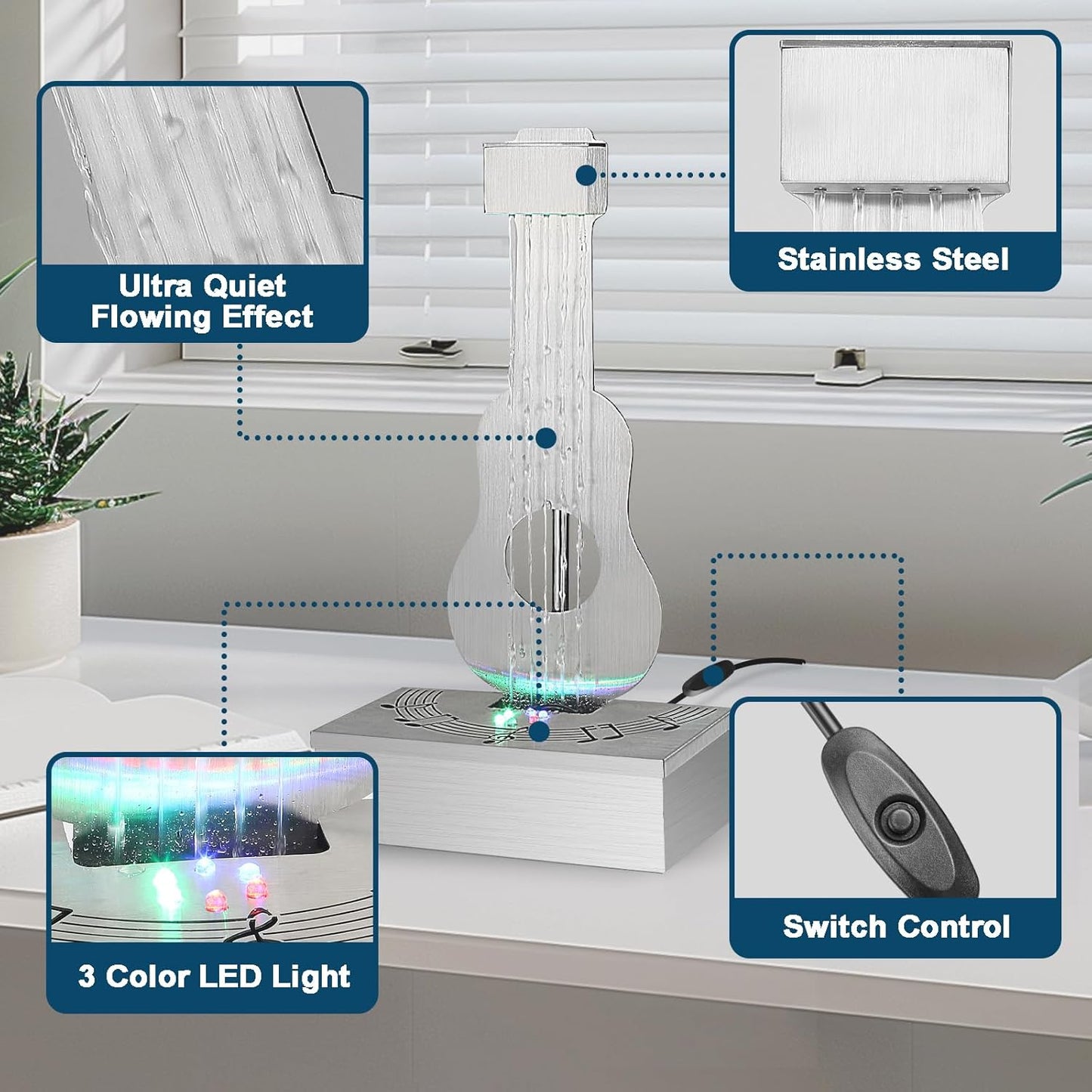 Indoor Tabletop Fountain with 3-Color LED Lights, 304 Stainless Steel Guitar-Shaped Desktop Meditation Waterfall for Home & Office Décor, Relaxing Water Feature Air-Purifying Gift-VerdiqueGarden