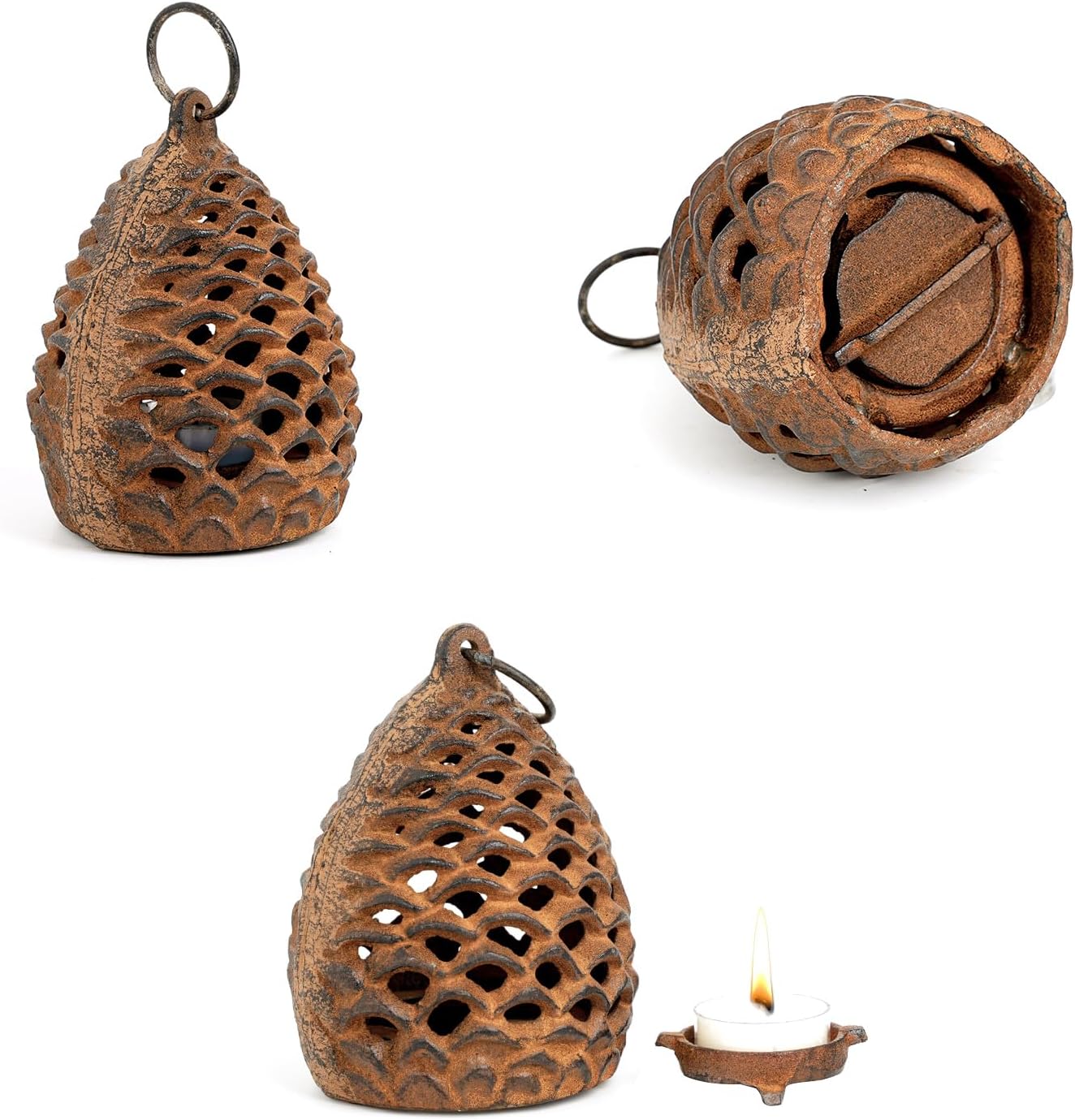 Sungmor Cast Iron Pinecone Candle Holder - Tabletop Decorative Tealight Lantern, Rustic Style Hanging Home Garden Decor, Vintage Stand for Votive or Flameless Candles-VerdiqueGarden