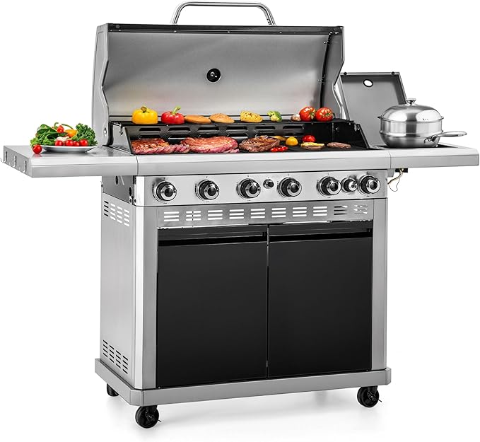 Sophia & William 6-Burner Propane Gas BBQ Grill with Side Burner & Porcelain-Enameled Cast Iron Grates, Gas Grill Griddle Combo for Outdoor Cooking, Barbecue Events, 740 SQ.IN. Cooking Area, Black-VerdiqueGarden