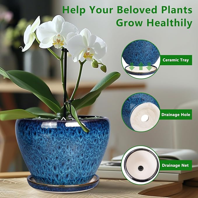 10 Inch Ceramic Planter Pot, Ceramic Plant Pot for Indoor Outdoor Plants, Large Flower Pot with Drainage Hole and Saucer, Blue-VerdiqueGarden