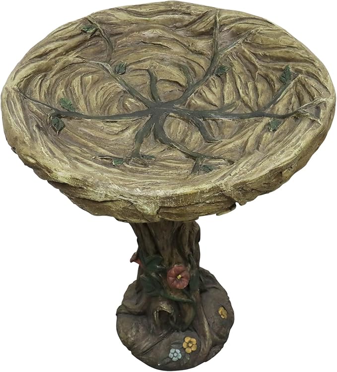 SunJet 25.5 Inch Heigh Wood-Look Concrete Bird Bath with Decorative Faux Bird – birdbath Rustic & Long-Lasting Design, Enhances Garden, Patio, Yard, Lawn Décor-VerdiqueGarden