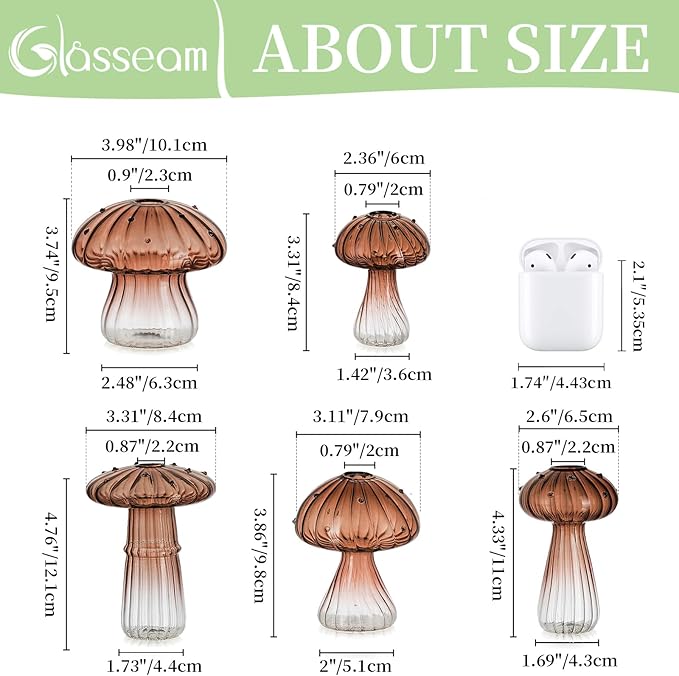 Glasseam Mushroom Plant Propagation Stations: Amber Glass Terrarium Jar Set of 5 Cute Planters for Indoor Plants Mini Propagate Station Unique Christmas Birthday Gifts for Women Home Office Decor-VerdiqueGarden