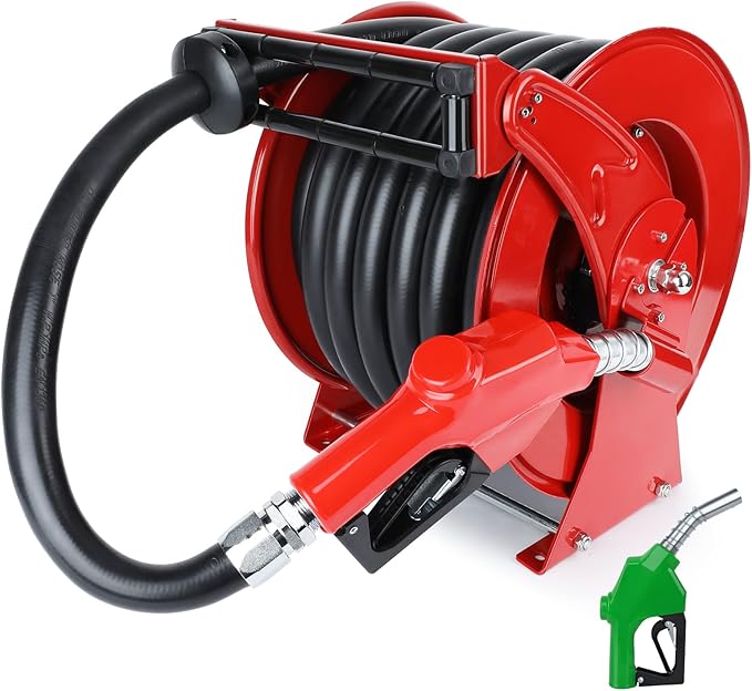 Fuel Hose Reel with Fueling Nozzle, 1" x 50FT Retractable Diesel Hose Reel, 300 PSI Industrial Heavy Duty Auto Swivel Rewind Hose Holder Reels, for Vehicle Tank Truck Trailer Ship-VerdiqueGarden