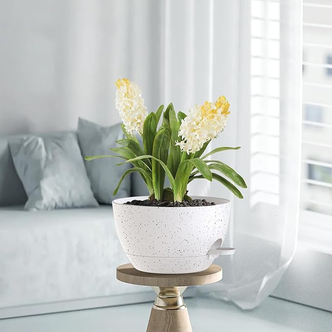 12 Inch Hanging Baskets 2 PC with Chains, Self-Watering Hanging Planters for Indoor Outdoor Plants, Plastic Hanging Flower Pots,Speckled White-VerdiqueGarden