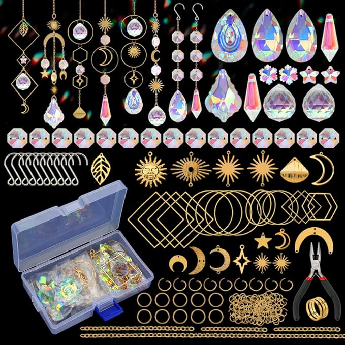 HYBEADS 200 pcs DIY Sun Catchers Making Kits Craft for Adults Crystal Suncatchers Supplies Stained Glass Window Hanging Prism Indoor Outdoor Garden Xmas Decor with Rainbow Maker Pendants Chains-VerdiqueGarden