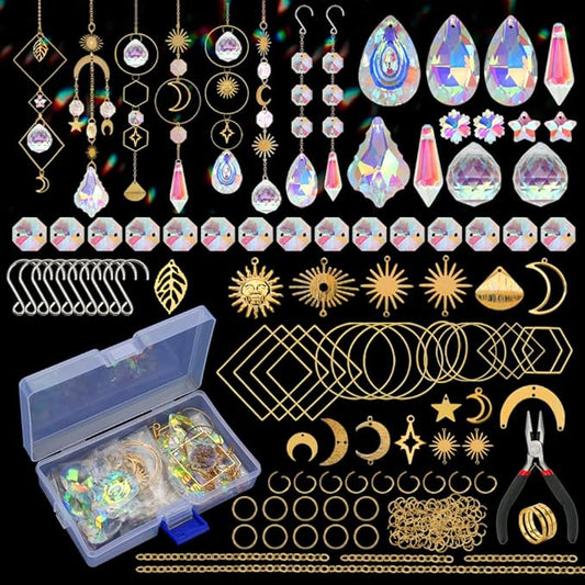HYBEADS 200 pcs DIY Sun Catchers Making Kits Craft for Adults Crystal Suncatchers Supplies Stained Glass Window Hanging Prism Indoor Outdoor Garden Xmas Decor with Rainbow Maker Pendants Chains-VerdiqueGarden