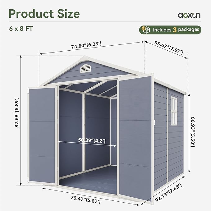 Aoxun 8 X 6.2 FT Resin Storage Shed Outdoor Plastic Large Garden Shed with Lockable Door, Floor for Backyard, Garden, Patio, Lawn, Grey (Grey, 8' x 6.2')-VerdiqueGarden