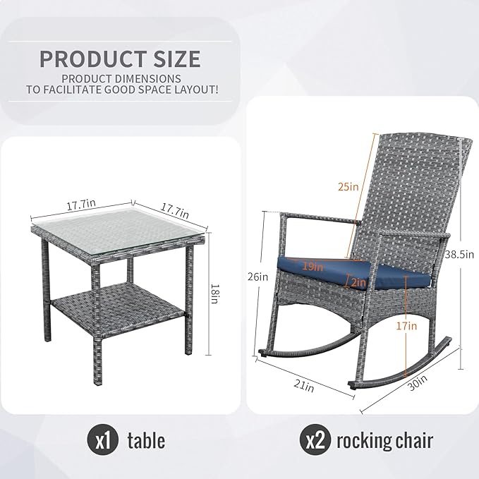 Rocking Chair Outdoor 3 Pieces High-Backed Patio Rocking Chairs Bistro Table and Chairs Set of 2, Navy Blue-VerdiqueGarden