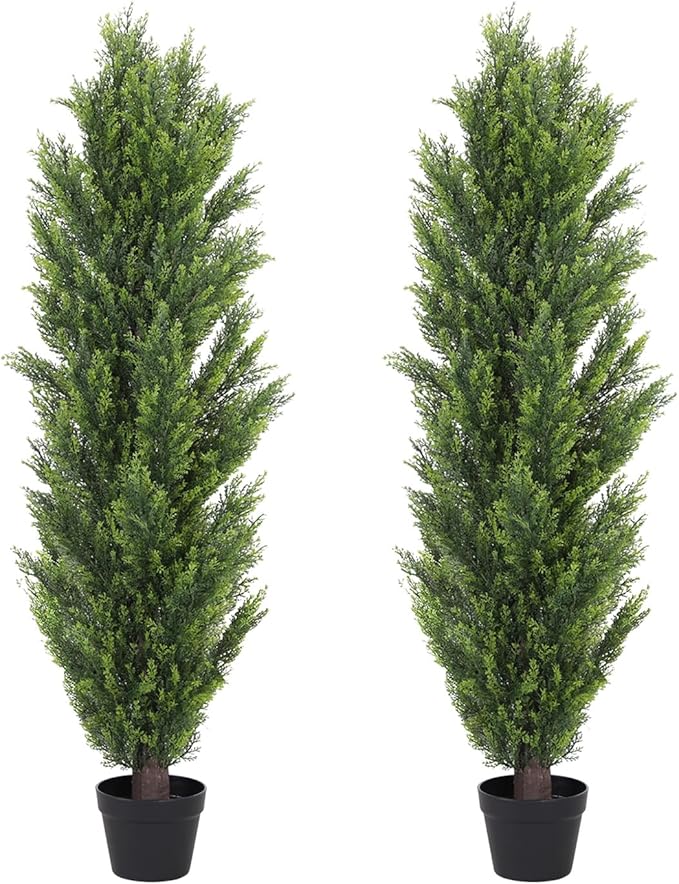 THE BLOOM TIMES 5ft Topiary Trees Artificial Outdoor – UV Resistant Faux Cedar Pine Cypress Bushes and Shrubs, Fake Potted Plants for Front Porch Outside Planter Patio Decor, Set of 2 (5 Foot)-VerdiqueGarden