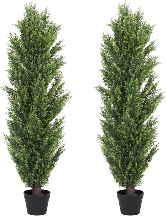 THE BLOOM TIMES 5ft Topiary Trees Artificial Outdoor – UV Resistant Faux Cedar Pine Cypress Bushes and Shrubs, Fake Potted Plants for Front Porch Outside Planter Patio Decor, Set of 2 (5 Foot)-VerdiqueGarden
